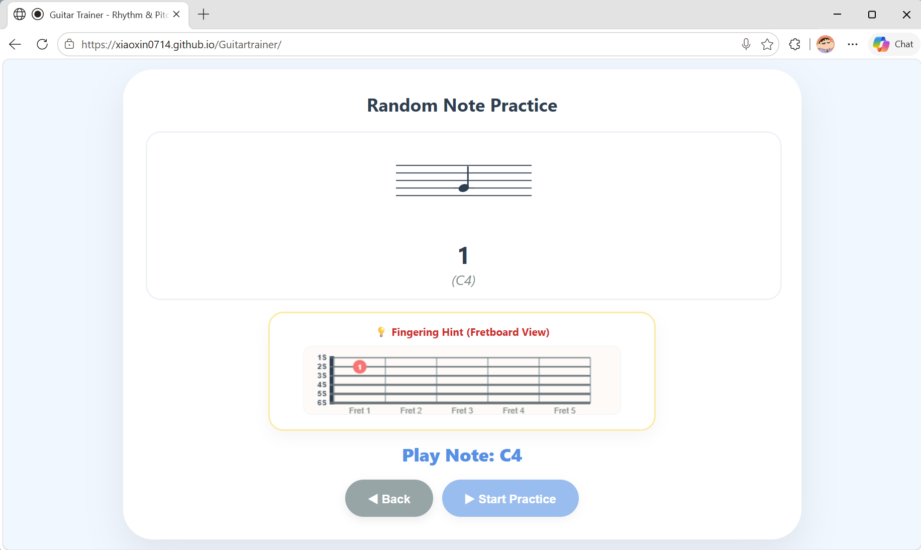 Note Practice Interface showing the correct fretboard position